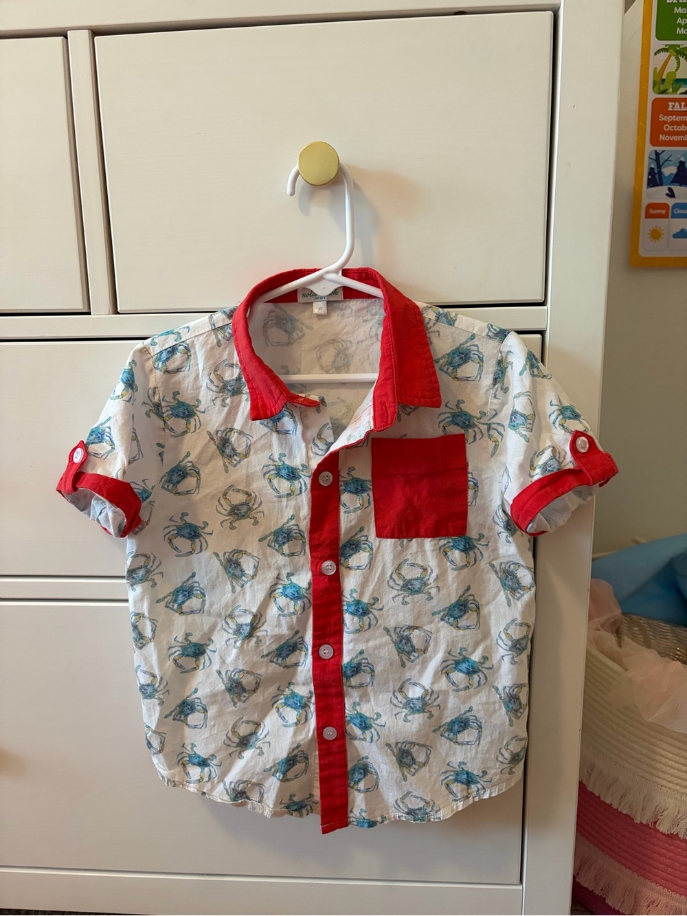 Nola Tawk Crab Shirt Boys 4T Blue Watercolor Coastal Button Up